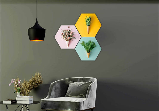 Zest Floral Flowe, Leaf in Cone Pot 3 Piece UV Textured Multi-Effect Self adheshive Painting 17 Inch X 17 Inch SANFHX141, Multicolour