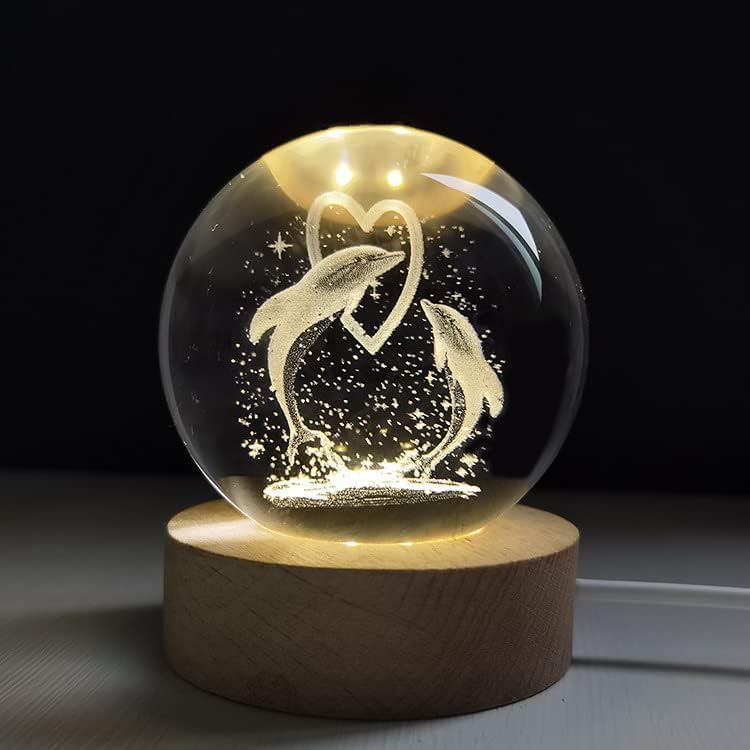 Zest Glowing Crystal Ball 3D Inner Carved Small Light with Wood Base, Decorative Creative Gift Luminous Crystal Ball for Christmas, Classmates and Kids