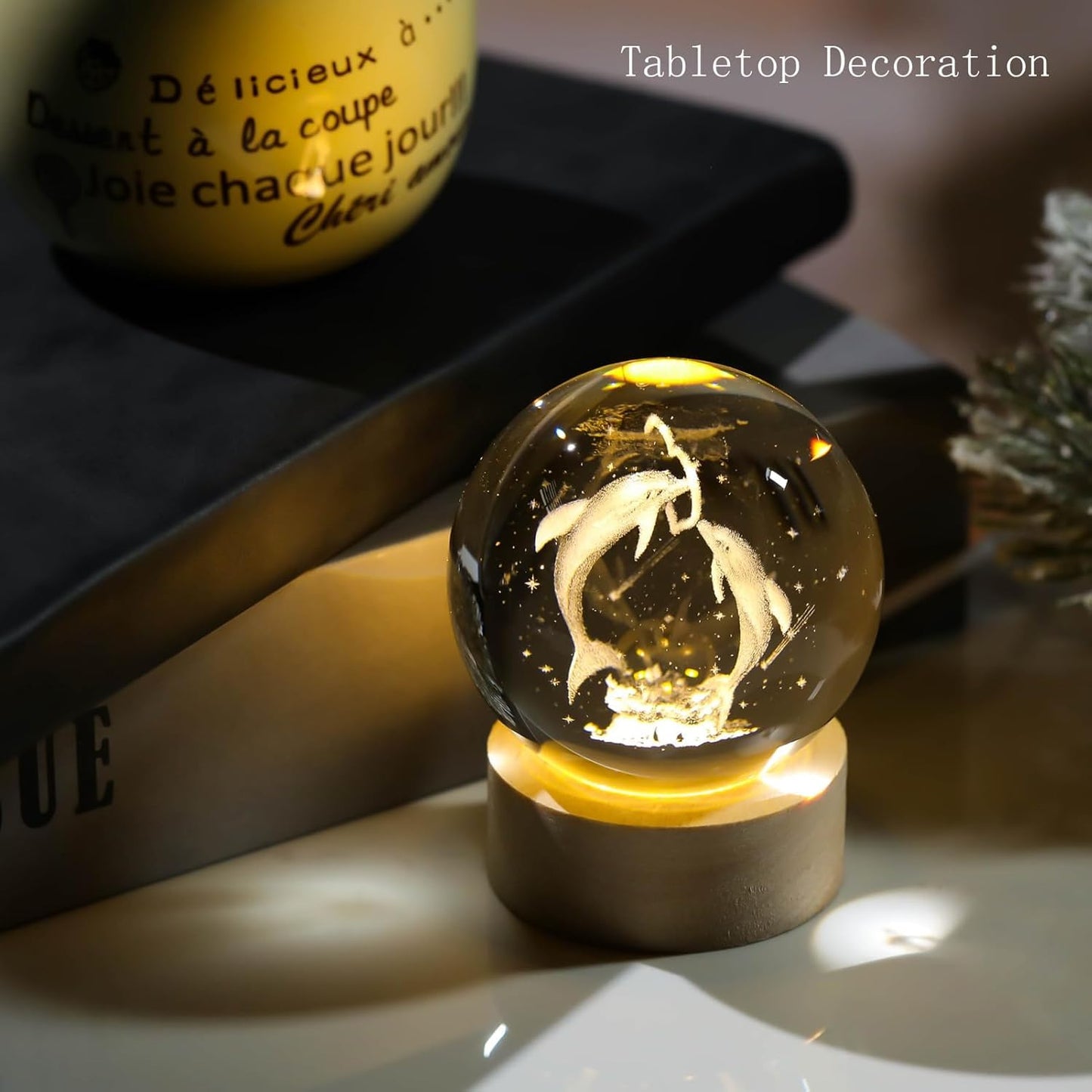 Zest Glowing Crystal Ball 3D Inner Carved Small Light with Wood Base, Decorative Creative Gift Luminous Crystal Ball for Christmas, Classmates and Kids