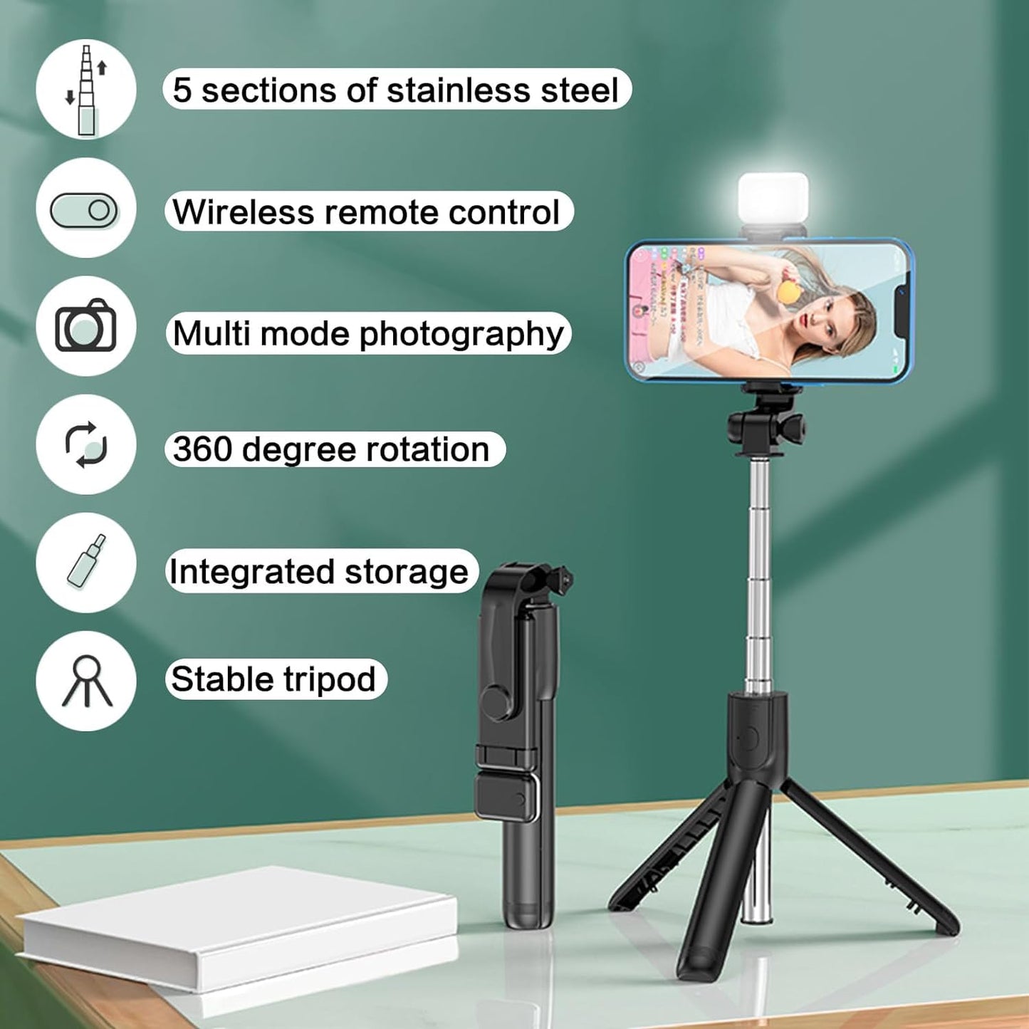 Zest 3-in-1 Selfie Stick Tripod with LED Light & Bluetooth Remote – Adjustable Brightness for Makeup, Vlogging, Selfies & Photo Shoots. ZENG61