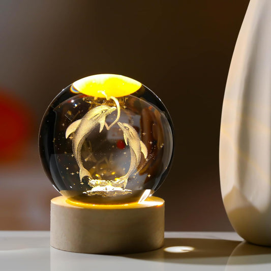 Zest Glowing Crystal Ball 3D Inner Carved Small Light with Wood Base, Decorative Creative Gift Luminous Crystal Ball for Christmas, Classmates and Kids