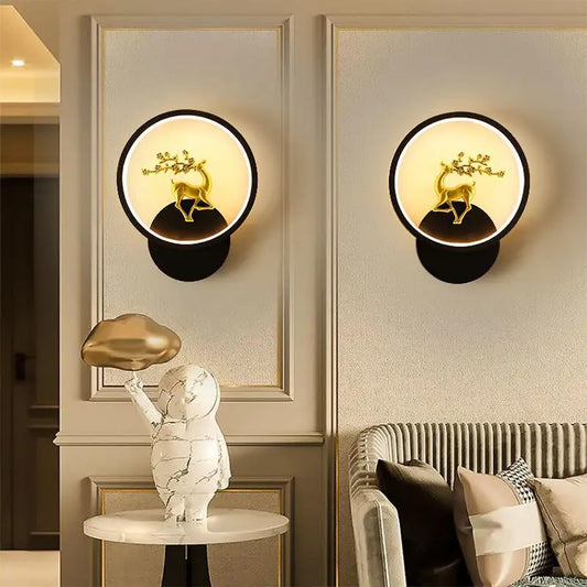 Zest Home Decor Round LED Wall Light with Golden Deer Decor – 3 Color Modes, Creative Flush Mount Wall Lamp for Bedroom, Living Room, Hallway & Interior Décor and Energy-Efficient Wall Sconce