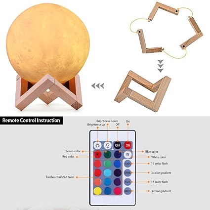 Zest 3D Printed Rechargeable Moon Lamp with Touch Control Adjust Brightness Light with Wooden Standfor Home Decoration (15 cm Multi Color - 16 Colors with Remote conrol)