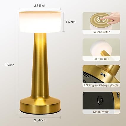 Zest Portable LED Table Lamp for Bedroom and Living Room, Stepless Dimming, 3 Colour Touch Control Metallic Finish Rechargeable Battery Backup Nigh table lamp