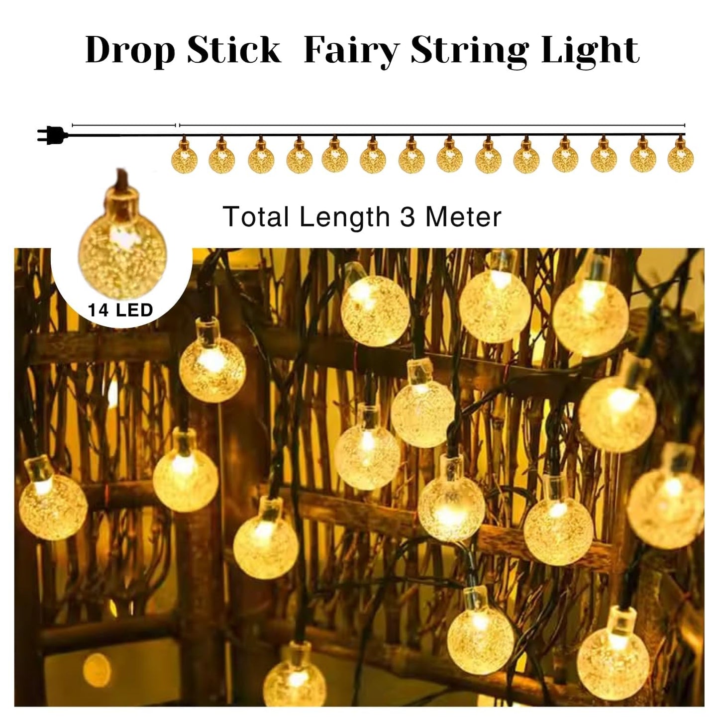 Zest Festive Diwali & Christmas Decor – LED Lights & Home Decoration Essentials | Crystal Ball String Lights – 14 LED, 3M Warm White Waterproof Fairy Lights for Home & Party Decor