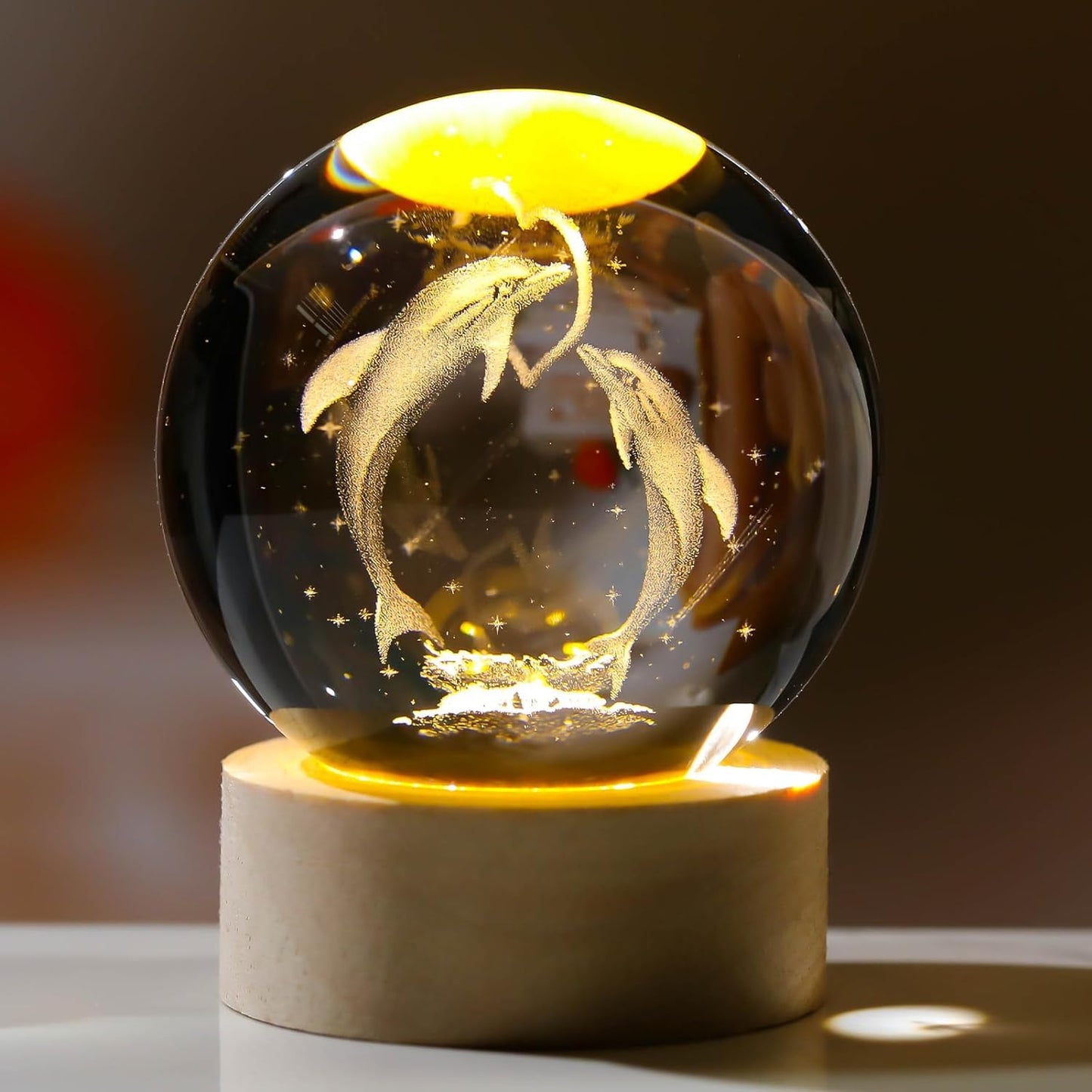 Zest Glowing Crystal Ball 3D Inner Carved Small Light with Wood Base, Decorative Creative Gift Luminous Crystal Ball for Christmas, Classmates and Kids
