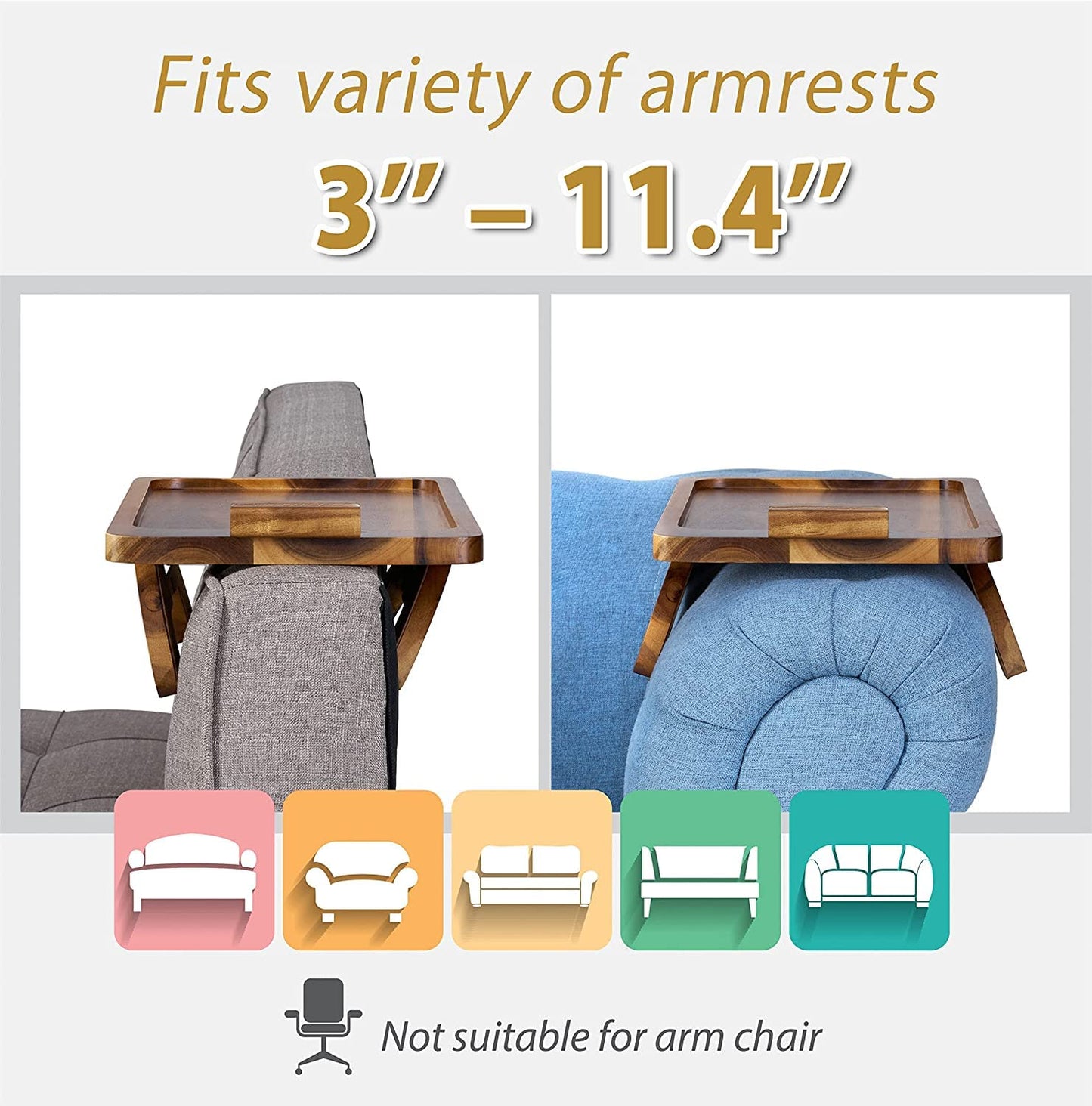 Zest Trays Stable Sofa Tray, Stylish, Solid, Flexible Sofa Arm Rest Tray, Premium Acacia Wood Material, Foldable , Eco Friendly, Anti Slip and Comfortable with 360 Degree Mobile Holder