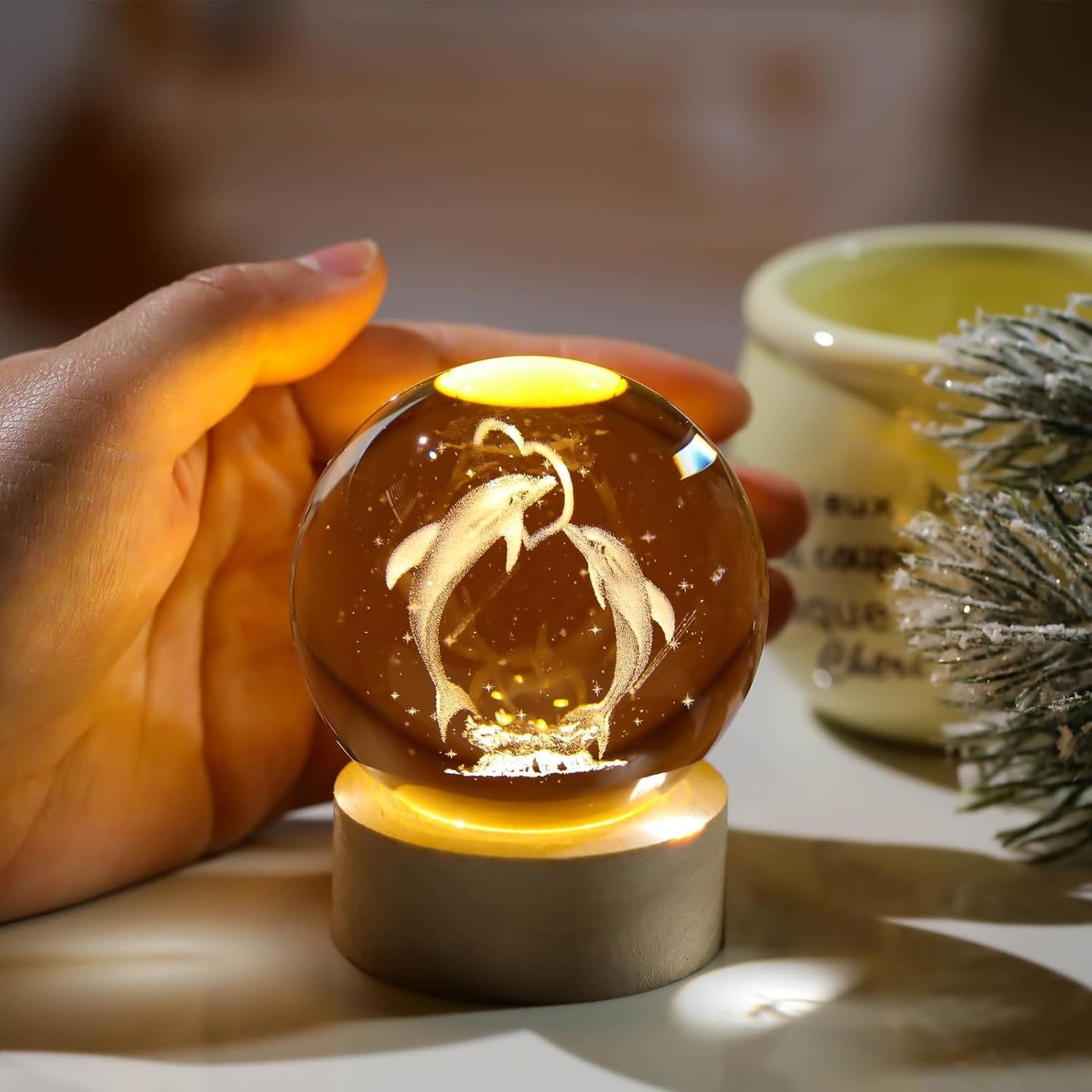 Zest Glowing Crystal Ball 3D Inner Carved Small Light with Wood Base, Decorative Creative Gift Luminous Crystal Ball for Christmas, Classmates and Kids