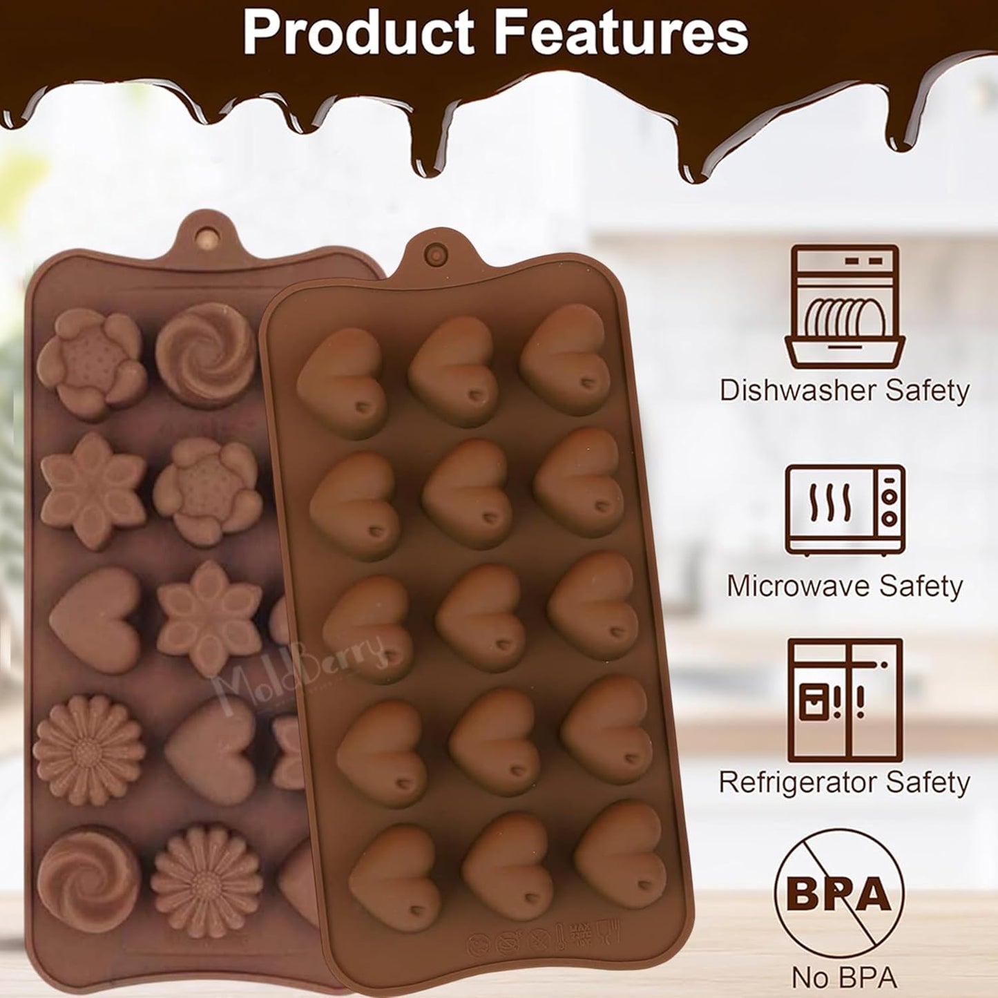 Zest Silicone Chocolate Moulds Set of 2. Heart & Flower Shape Candy Molds for Chocolate, Jelly, Gummies. Flexible, Non-Stick, Reusable Baking Trays and Mini Silicone Molds for DIY Sweets