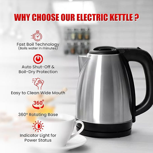 Zest 1.5L Stainless Steel Electric Kettle | Auto Shut-Off, 360° Swivel Base, Multipurpose Use