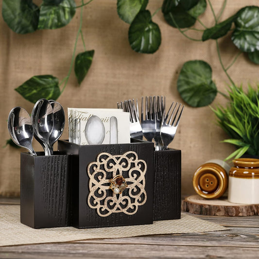 Zest Decorative Wooden MDF Spoon Stand with 3 Sections, Cutlery Holder for Dining Table and Kitchen, Multifunctional Organizer Stand