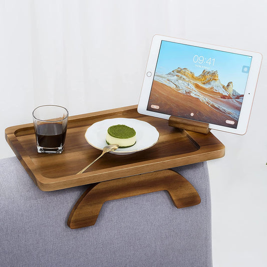 Zest Trays Stable Sofa Tray, Stylish, Solid, Flexible Sofa Arm Rest Tray, Premium Acacia Wood Material, Foldable , Eco Friendly, Anti Slip and Comfortable with 360 Degree Mobile Holder