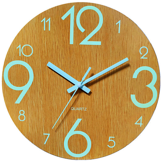 EMAF 12 Inch Luminous Wooden Wall Clock – Silent Fluorescent Night Light Clock