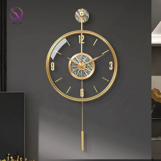 Modern Luxury Clear Glass Gold Metal Brass Wall Clock Colorful Shell Hanging Wall Clock for Living Room Home Decoration
