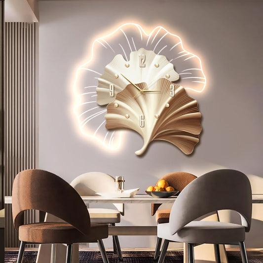 Modern Elegant Ginkgo Leaf Wall Clock with LED Light – Creative Acrylic Design, Ultra-Quiet Needle for Living Room & Home Décor