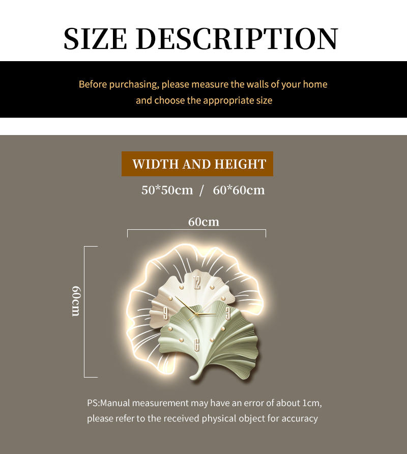 Modern Elegant Ginkgo Leaf Wall Clock with LED Light – Creative Acrylic Design, Ultra-Quiet Needle for Living Room & Home Décor