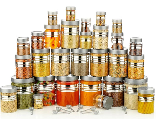 Zest Plastic Pet Storage Jar and Container, Set of 24 With Spoons Air Tight | Kitchen Organiser Improved Model Silver line Printed