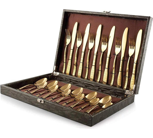 Zest Gold Boston 24 Pcs Cutlery Set in Gift Box Packaging ,6 Dinner Spoon, 6 Dinner Fork, 6 Teaspoon, Six Dinner Knive