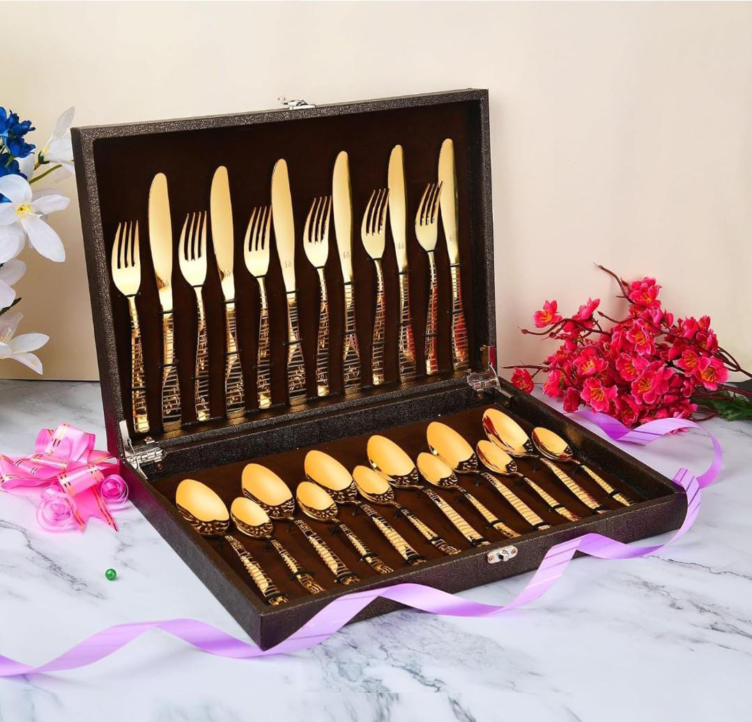 Zest Gold Boston 24 Pcs Cutlery Set in Gift Box Packaging ,6 Dinner Spoon, 6 Dinner Fork, 6 Teaspoon, Six Dinner Knive