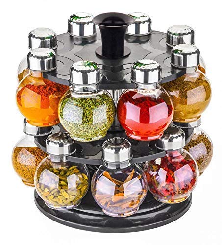 Zest Spice Rack Masala Container 360, Revolving 1 Stand 16 Plastic Bottles with Steel Cap Set