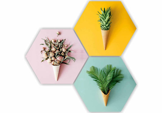 Zest Floral Flowe, Leaf in Cone Pot 3 Piece UV Textured Multi-Effect Self adheshive Painting 17 Inch X 17 Inch SANFHX141, Multicolour
