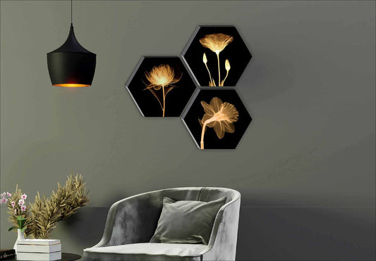 Zest SAF Set of 3 Hexagon Preety Brown Floral UV Textured MDF, Home Decorative Gift Item Painting 17 Inch X 17 Inch SANFHX15SMALL