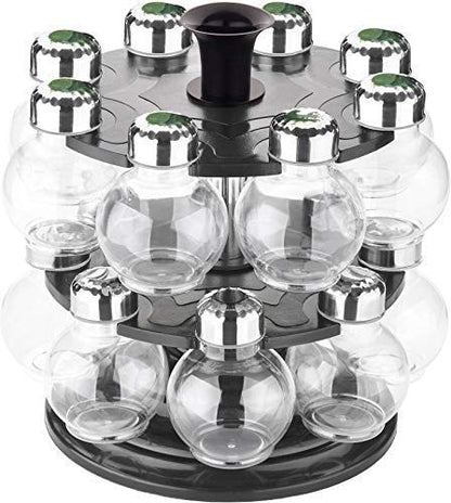 Zest Spice Rack Masala Container 360, Revolving 1 Stand 16 Plastic Bottles with Steel Cap Set