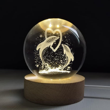 Zest Glowing Crystal Ball 3D Inner Carved Small Light with Wood Base, Decorative Creative Gift Luminous Crystal Ball for Christmas, Classmates and Kids