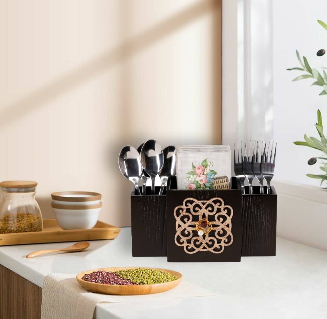 Zest Decorative Wooden MDF Spoon Stand with 3 Sections, Cutlery Holder for Dining Table and Kitchen, Multifunctional Organizer Stand