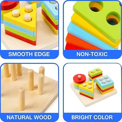 Zest Wooden Geometric Shape Puzzle | Montessori Learning Toy for Kids 3+ | Stacking & Sorting | Multicolour