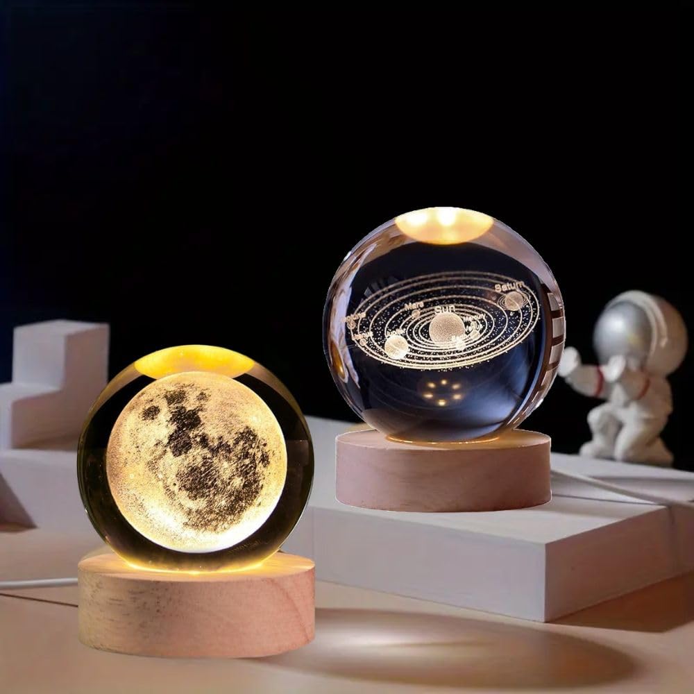 Zest Crystal Ball Universe & Moon Night Light Home Decor Gifts for Men, Women ,Boys, Girls, Engraved Crystal Ball LED Night Lamp Wooden Base Ideal for Home & Office, Birthday Gift for Adults
