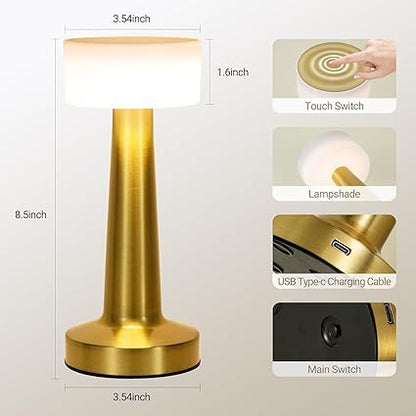 Zest Portable LED Table Lamp for Bedroom and Living Room, Stepless Dimming, 3 Colour Touch Control Metallic Finish Rechargeable Battery Backup Nigh table lamp