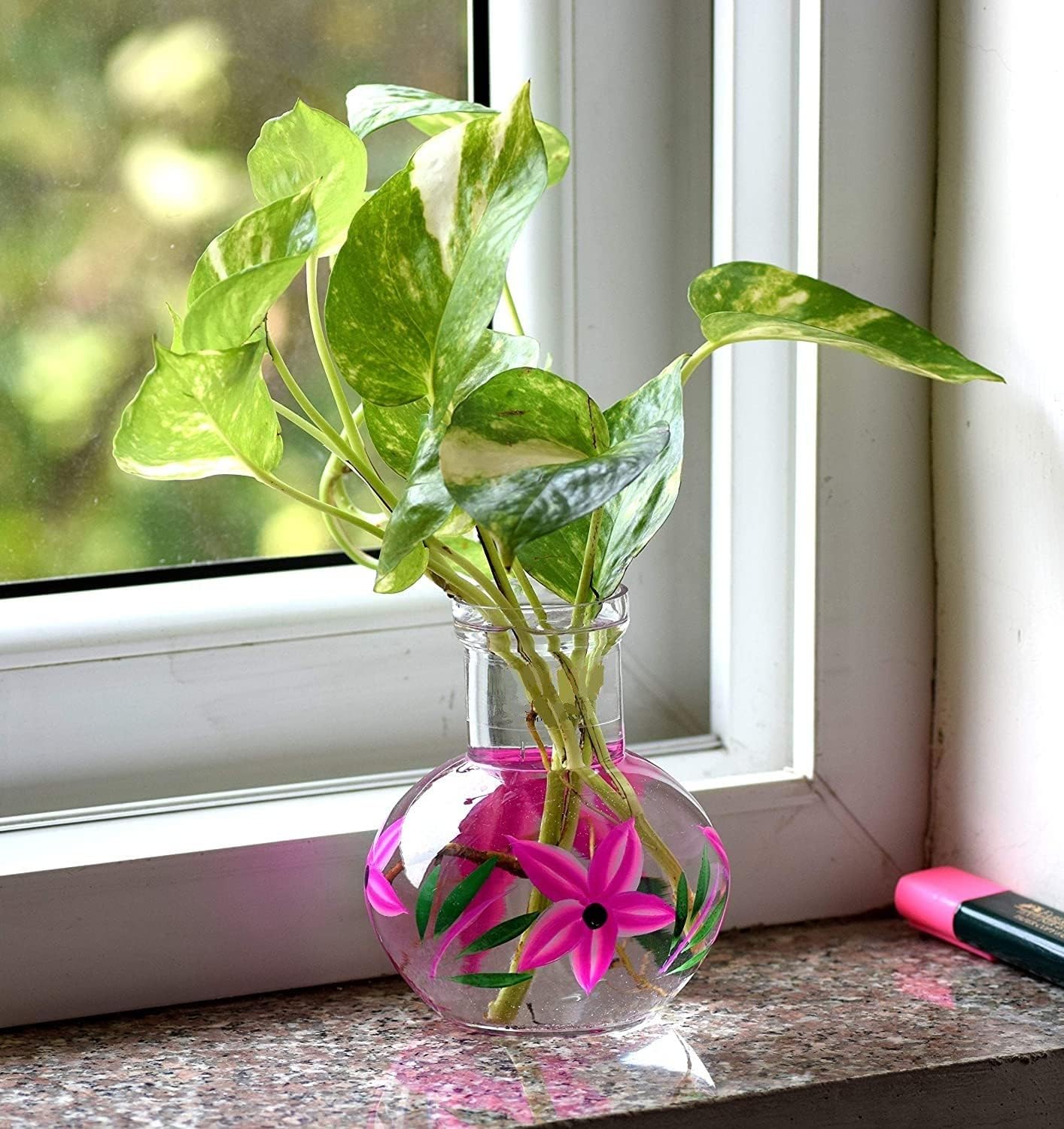 Zest HANDICRAFTS Round Glass Vase, for Money Plant, Lucky Bamboo Plant, Flower Pot, 12X10 cm Elegant Flower Designed Vase and Clear