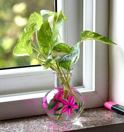 Zest HANDICRAFTS Round Glass Vase, for Money Plant, Lucky Bamboo Plant, Flower Pot, 12X10 cm Elegant Flower Designed Vase and Clear