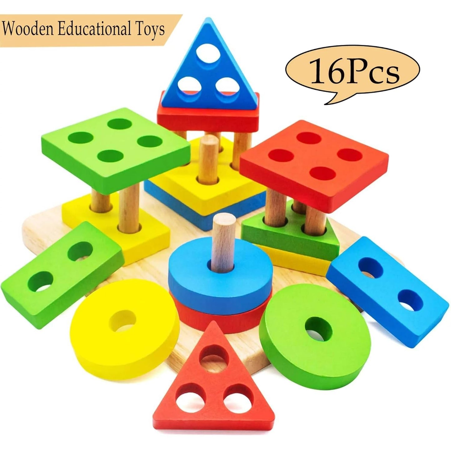 Zest Wooden Geometric Shape Puzzle | Montessori Learning Toy for Kids 3+ | Stacking & Sorting | Multicolour