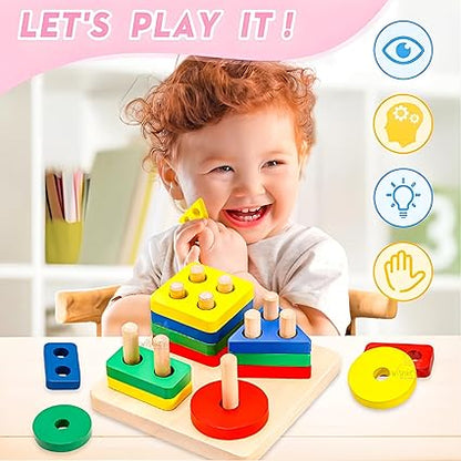 Zest Wooden Geometric Shape Puzzle | Montessori Learning Toy for Kids 3+ | Stacking & Sorting | Multicolour