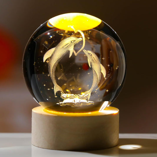 Zest Glowing Crystal Ball 3D Inner Carved Small Light with Wood Base, Decorative Creative Gift Luminous Crystal Ball for Christmas, Classmates and Kids