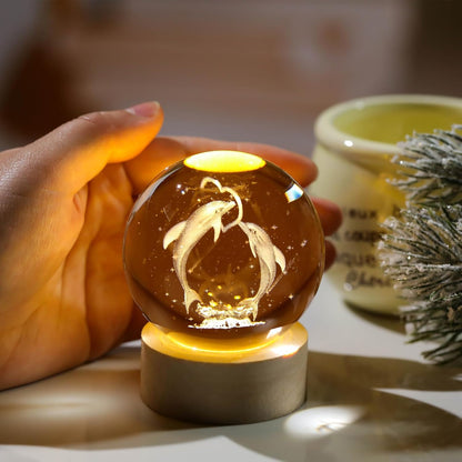 Zest Glowing Crystal Ball 3D Inner Carved Small Light with Wood Base, Decorative Creative Gift Luminous Crystal Ball for Christmas, Classmates and Kids