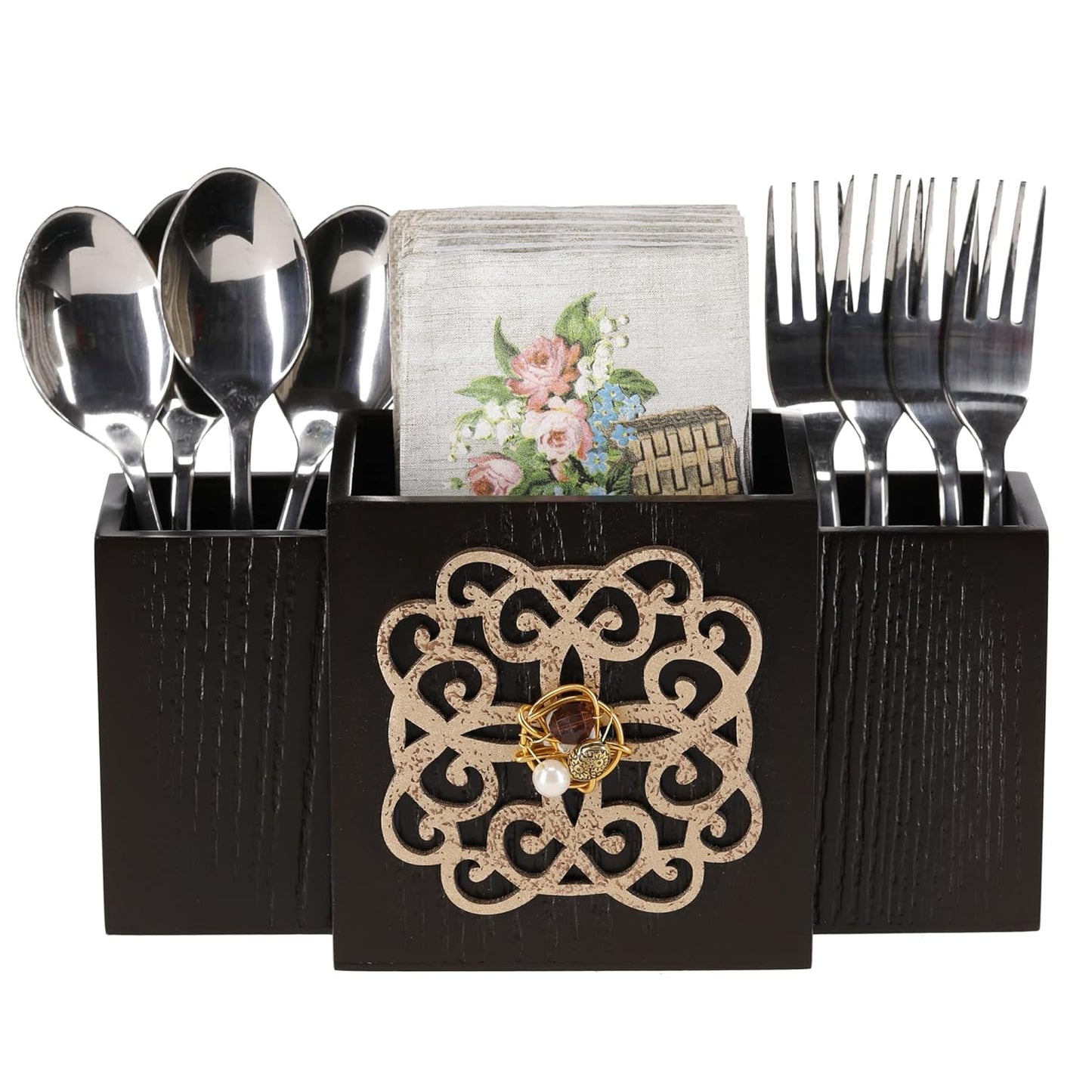 Zest Decorative Wooden MDF Spoon Stand with 3 Sections, Cutlery Holder for Dining Table and Kitchen, Multifunctional Organizer Stand