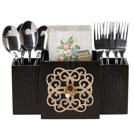 Zest Decorative Wooden MDF Spoon Stand with 3 Sections, Cutlery Holder for Dining Table and Kitchen, Multifunctional Organizer Stand