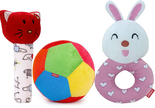 Zest 3-in-1 Infant Soft Toy Combo | Kitty & Bunny Rattles with 11cm Ball | Red | Super Saver Set