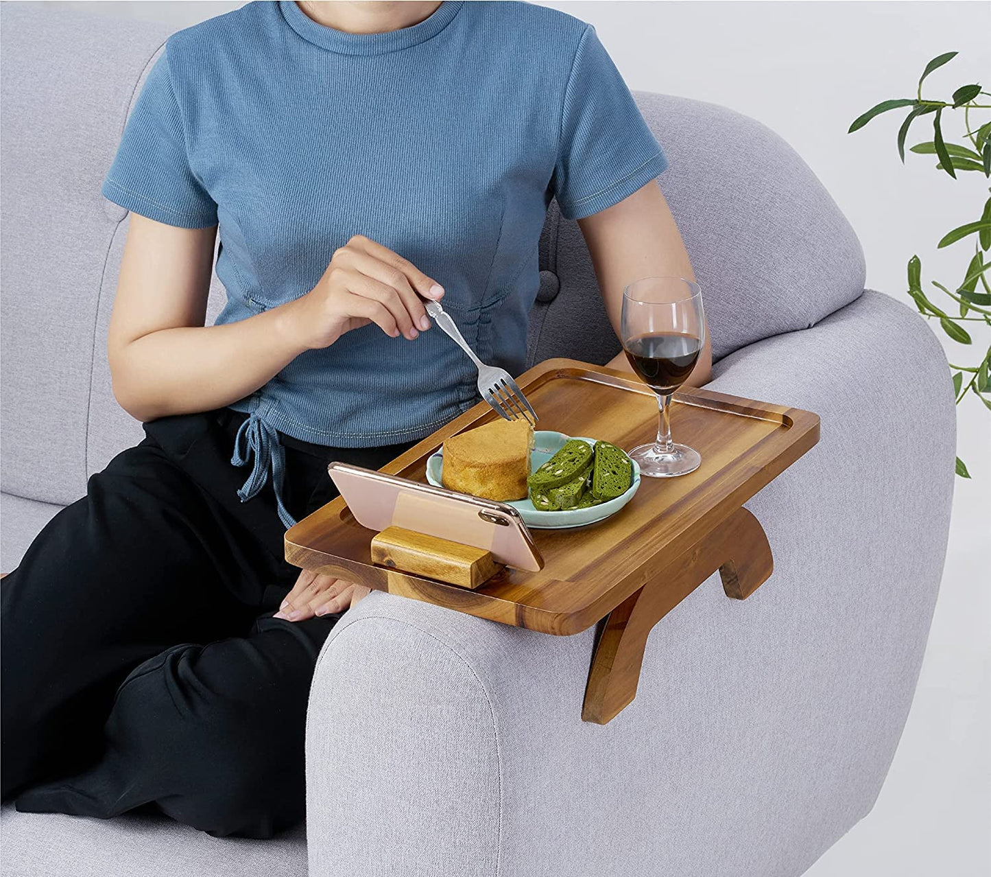 Zest Trays Stable Sofa Tray, Stylish,  Solid, Flexible Sofa Arm Rest Tray, Premium Acacia Wood Material, Foldable , Eco Friendly, Anti Slip and Comfortable with 360 Degree Mobile Holder