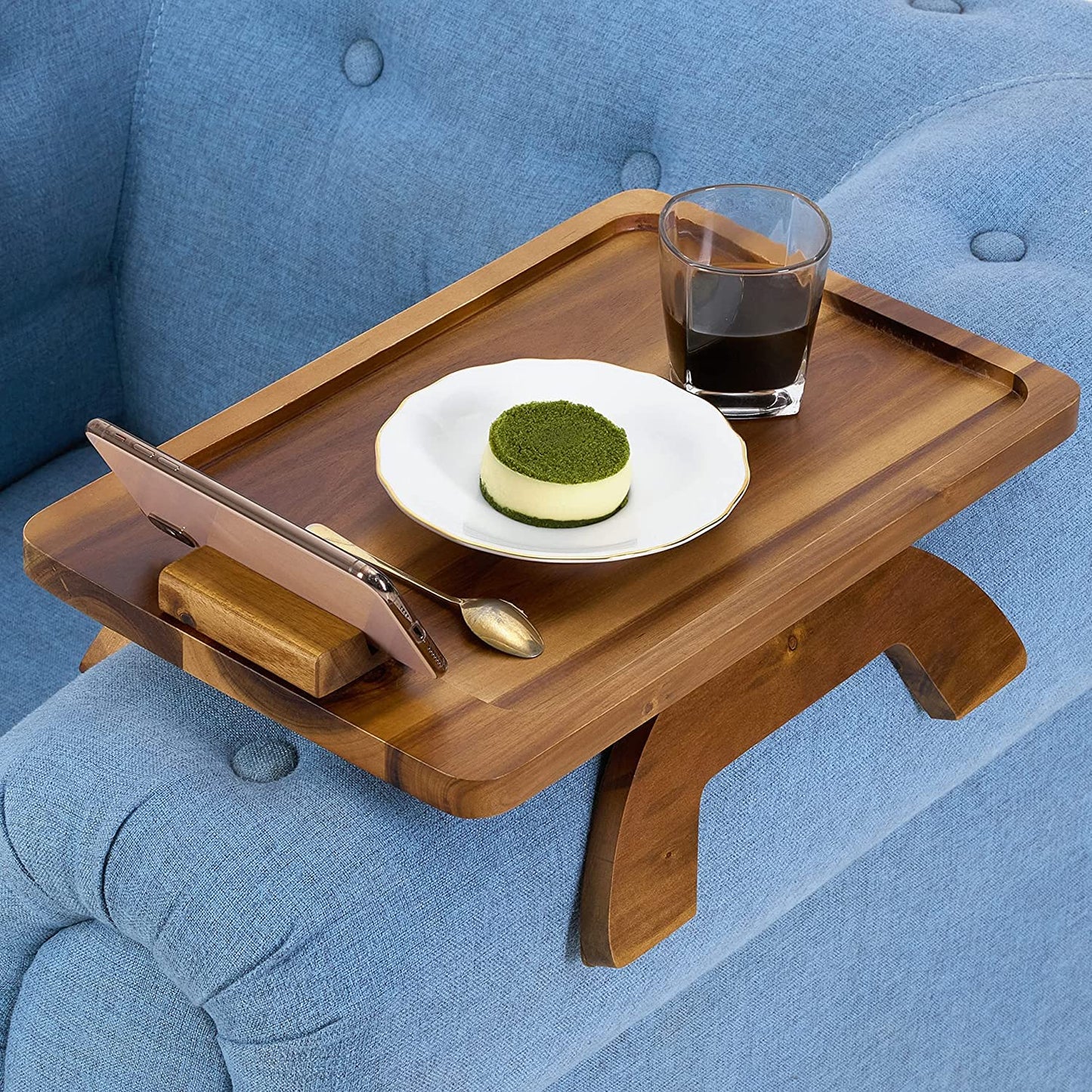 Zest Trays Stable Sofa Tray, Stylish,  Solid, Flexible Sofa Arm Rest Tray, Premium Acacia Wood Material, Foldable , Eco Friendly, Anti Slip and Comfortable with 360 Degree Mobile Holder