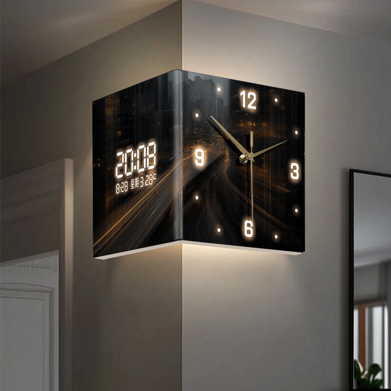 Modern Double-Sided Acrylic Wall Clock – Silent Needle Electronic Display With Abstract City Design