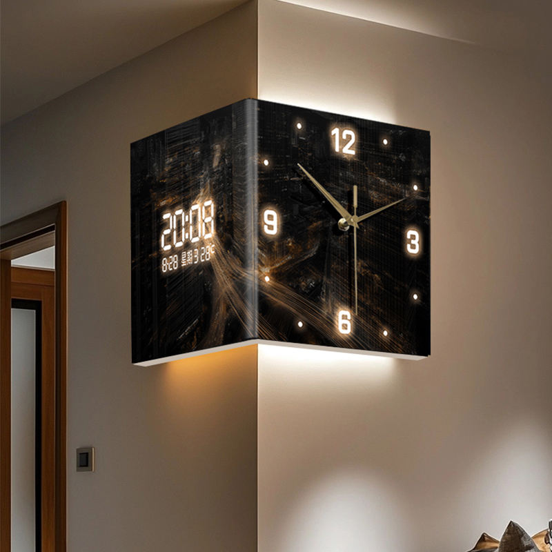 Modern Double-Sided Acrylic Wall Clock – Silent Needle Electronic Display With Abstract City Design