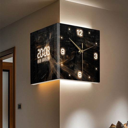 Modern Double-Sided Acrylic Wall Clock – Silent Needle Electronic Display With Abstract City Design