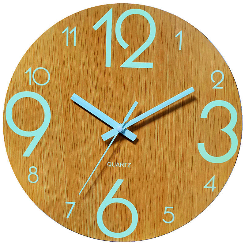 EMAF 12 Inch Luminous Wooden Wall Clock – Silent Fluorescent Night Light Clock