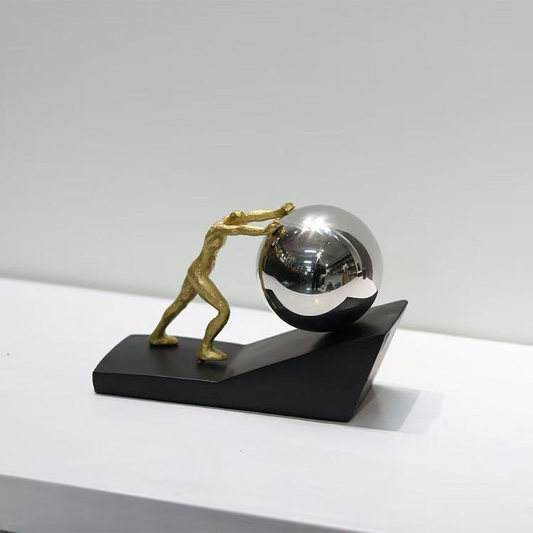 Gold Sports Push Ball Resin Ornament – Creative Character Figurine For Home Decoration