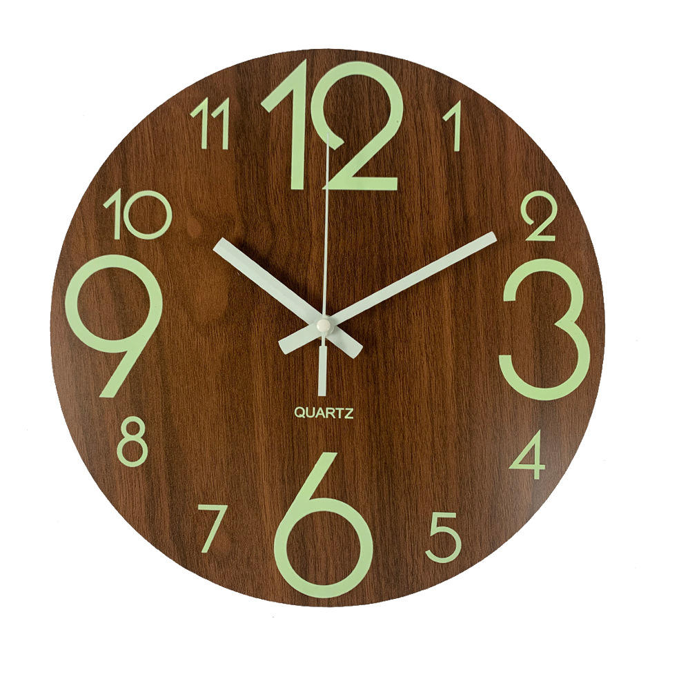 EMAF 12 Inch Luminous Wooden Wall Clock – Silent Fluorescent Night Light Clock