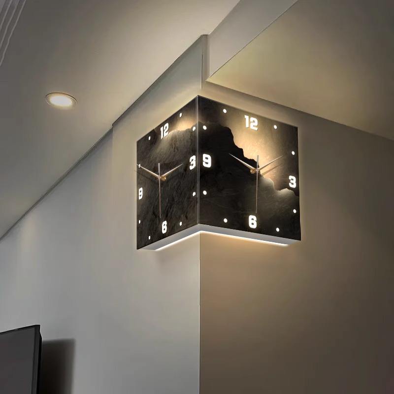 3D LED Double-Sided Corner Wall Clock – Modern Square Iron Design, Digital Abstract Style Hanging Clock for Living Room & Home Décor